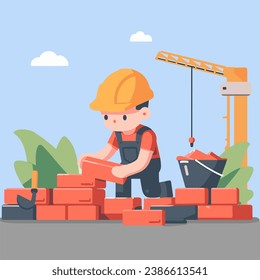 Architect building construction worker is stacking red bricks using a mini crane