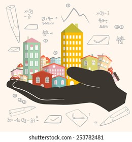 Architect Building Project - Development Vector Illustration - Paper Houses in Human Hand