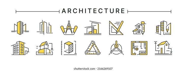 Architect buildings. Line icons of architecture project for engineer documents and plans. Apartment interior blueprint. House construction. Drafting stationery. Vector design logo set