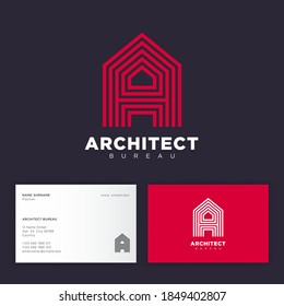 Architect bureau logo. Red letter A consist of some strips. A monogram, isolated on a different backgrounds. Business card.