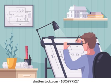 Architect cartoon composition with indoor scenery interior elements and human character drawing scheme of a project vector illustration