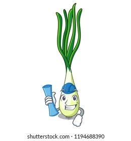 Architect cartoon fresh green onions on cutting board