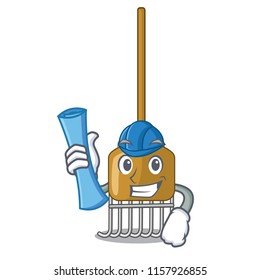 Architect cartoon rake leaves with wooden stick