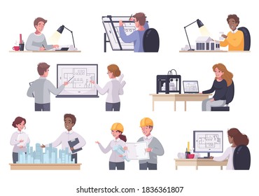 Architect cartoon set with isolated compositions of people with projects at working places on blank background vector illustration