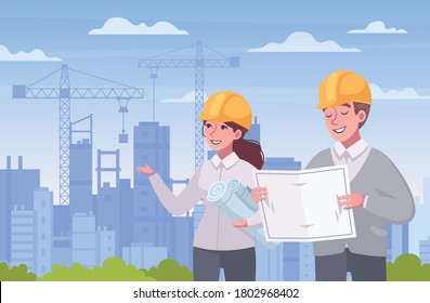 Architect cartoon style composition with cityscape tall buildings and human characters in hard hats with project vector illustration