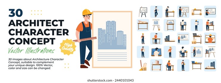 Architect Character Illustration. Mega Set. Collection scenes of Architect, engineer, worker, professional, builder, contractor Activity. Vector Illustration