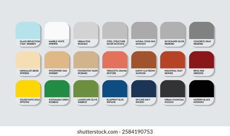 Architect Color Guide Palette with Color Names. Catalog Sample Architects with RGB HEX codes and Names. Architect Colors Palette, New Architect Color Palette, Fashion Trend Architect Color Palette