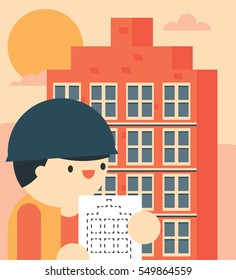 Architect compares the blueprint with the final building