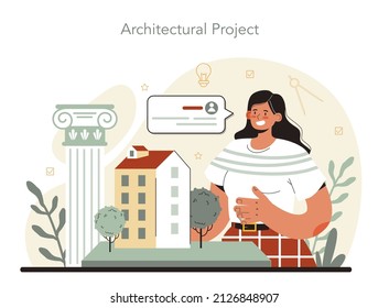 Architect concept. Idea of architectural project and construction work. Scheme of house, engineer industry. Construction company business. Flat vector illustration