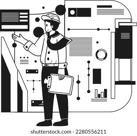 Arquitecto dirigiendo la investigación y el análisis de la ilustración en el estilo de doodle aislado en el fondo