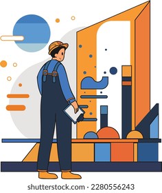 Arquitecto dirigiendo la investigación y el análisis de la ilustración en el estilo de doodle aislado en el fondo