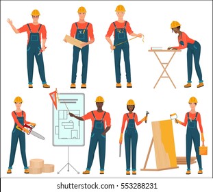 Architect and construction builders workers. Civil engineer. Male and female construction team characters set isolated