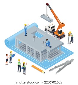 Architect construction engineer isometric composition with construction site on top of paper project with drawing instruments vector illustration