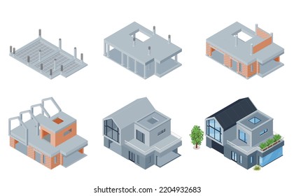 Architect construction engineer isometric set with isolated views of building from foundation pit to modern house vector illustration