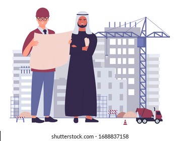 Architect, construction engineer and muslim arab customer company manager with technical drawings on buildings and cranes background. Building company corporation, real estate development