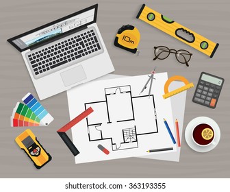 Architect construction engineering planning and creating process with proffesional tools. Projects technical concept. Workplace top view.