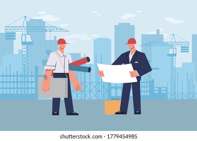 Architect at construction site. Master foreman with helmet on his head with diagram in hands during construction on urban landscape skyscraper and crane, flat cartoon modern vector illustration