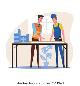 Architect and construction worker meeting for architectural plan project