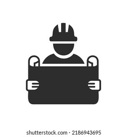 Architect, Constructor Icon. Man With A Drawing. Monochrome Black And White Symbol. Vector Illustration