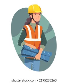 Constructora arquitecta mujer sosteniendo un proyecto de construcción de planos. Construcción de ingeniero en casco de seguridad, chaleco. Ilustración vectorial plana de trabajadores de la industria de la construcción