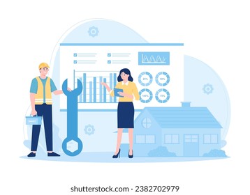 An architect consults on the structure of the building to workers trending concept flat illustration