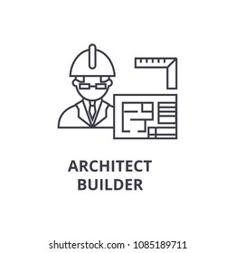 Architect Contractor Vector Line Icon, Sign, Illustration On Background, Editable Strokes