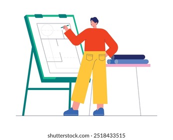 The architect creates a map of the building to be worked on as a new project, provides blueprint paper, semi-outline style, vector illustrations.