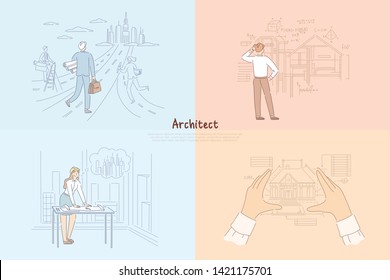 Architect creative work process, man walking towards future town project, woman designing cityscape banner