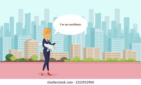 Architect Design Flat Vector Illustration. Cityscape Color Poster. Woman Cartoon Character Design Element with Text Space. Architecture Housing Complex Infrastructure. Construction Company Banner Idea