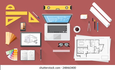 Architect And Designer Desk With Tools, Tablet And Computer