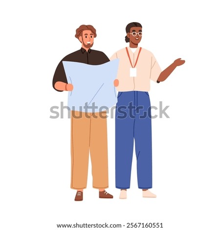 Architect and designer discussing architecture project, plan, holding blueprint paper in hand. Professional building engineers during discussion. Flat vector illustration isolated on white background