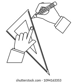 architect or designer hands with pencil and ruler triangle