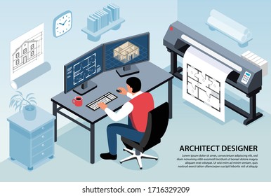 Architect designer horizontal poster with man sitting at his workplace working with computer program isometric vector illustration