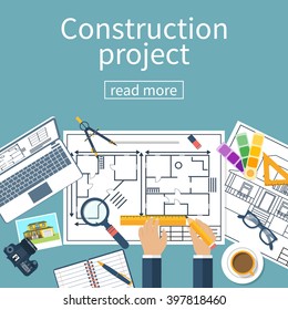 Architect designer, project drawings. Architectural project. Planning construction of house.  Vector, flat. Architect hands with pencil and ruler. Architect workplace. Technical project.

