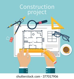 Architect designer for project drawings. Planning construction of house.  Vector, flat. Architect Hands with pencil and ruler. Architects workplace. Technical project.