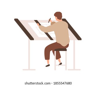 Architect designer sit at desk and drawing architectural plan with pencil and ruler. Man working on blueprint at office workplace. Flat vector cartoon illustration of engineer isolated on white