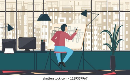 Architect, designer, sits in a room behind a drawing board - large window overlooking the city building - vector art illustration.
