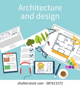 Architect designer working desk with equipment. Architectural project, technical project, architectural plan. Vector, flat design. Planning construction. Top view of a designer table.