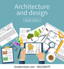 Architect designer working desk with equipment. Architectural project, technical project, architectural plan. Vector, flat design. Planning construction. Designer with tablet in workplace.