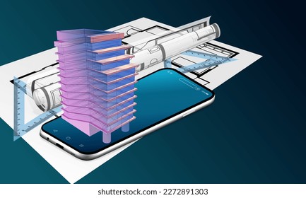 Diseñador arquitecto trabajando en el modelado 3D con hologramas digitales sobre tecnología móvil, estructura, construcción, industria, ingeniería y planos. Modelación de la información de construcción conceptual (BIM)