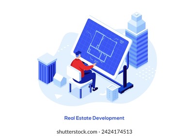 Diseñador arquitecto trabajando en tablero interactivo en agencia. Concepto de planificación de la construcción inmobiliaria ilustración vectorial isométrica. Proyecto plano que desarrolla la composición del color de los caracteres de dibujos animados