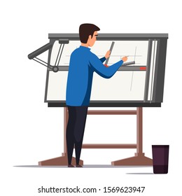 Architect designer working on project illustration. Engineer using professional equipment. Male flat character drawing building plan. Blueprint on drafting table. Confused student at maths class
