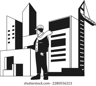 Architect designing buildings and structures illustration in doodle style isolated on background