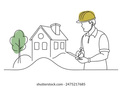 architect designing a house, doodle continuous line art vector illustration