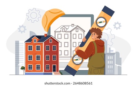 Arquiteto projeta a construção. Homem de uniforme perto de planta e edifício do hotel. Arquitetura e engenharia, construção. Ocupação técnica. Ilustração de vetor plano