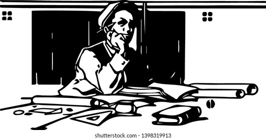 Architect is desk lost in thought and space within the site surrounding the buildings decisions affect public safety vintage line drawing or engraving illustration.