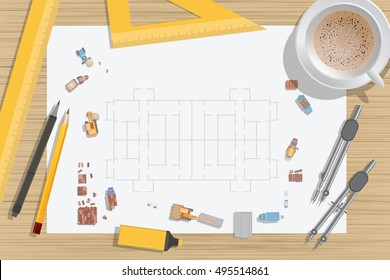 Architect desktop. (top view)
Illustration of construction: from idea to realization. (View from above)
Vector illustration.