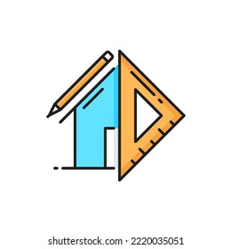 Architekturentwicklung und Innenarchitektur Symbol. Vektor-Plan für den Bau von Häusern, Lineal und Bleistift, Baufortschrittszeichen