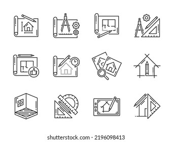 Architect development and interior design icons, vector house plan and ruler. Home construction project or architecture development and interior design linear icons for real estate engineering