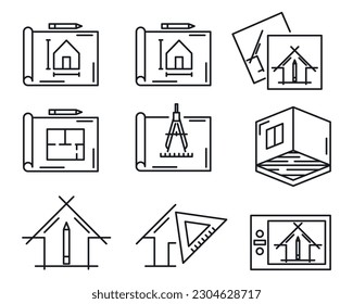 Architect development and interior design icons, vector house plan and ruler. Home construction project or architecture development and interior design linear icons for real estate engineering